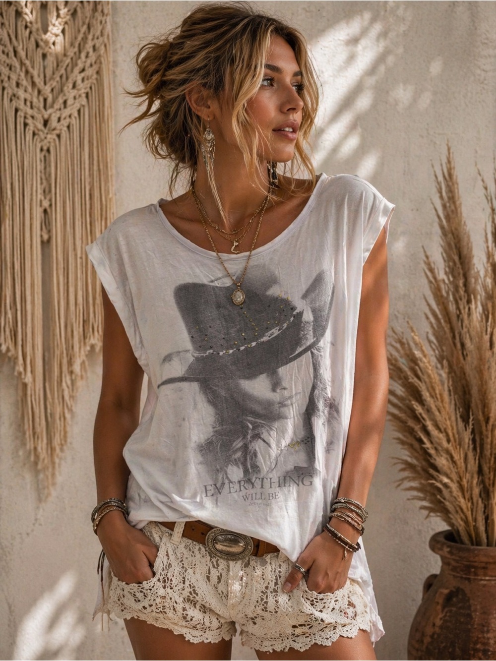 Anthropologie Colin’s Coastal Cowgirl White Graphic Tee with Rolled Cap Sleeves